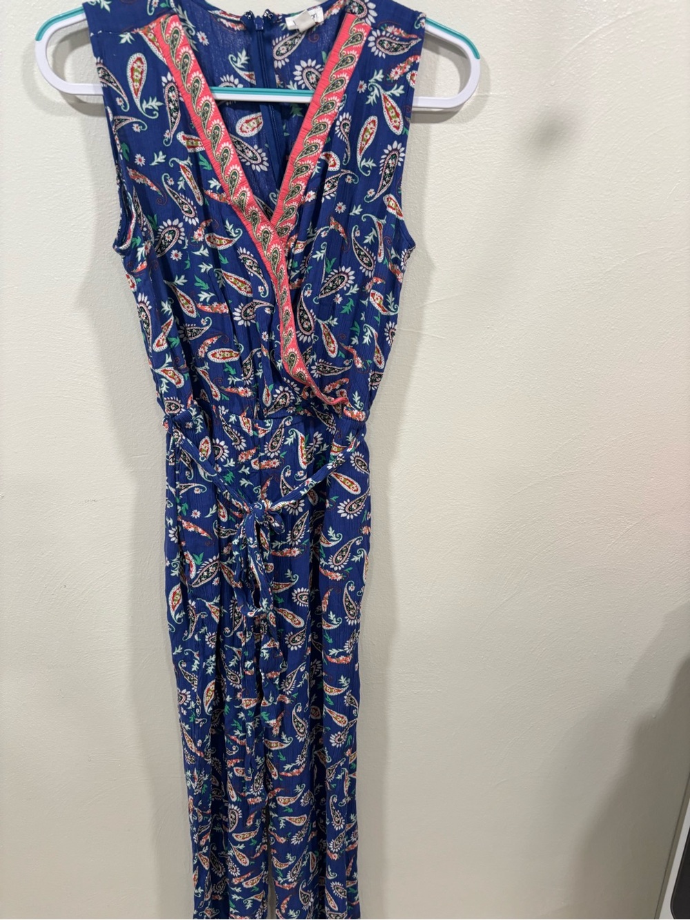 Westport Navy Paisley Sleeveless Wrap-Front Jumpsuit with Coral Trim